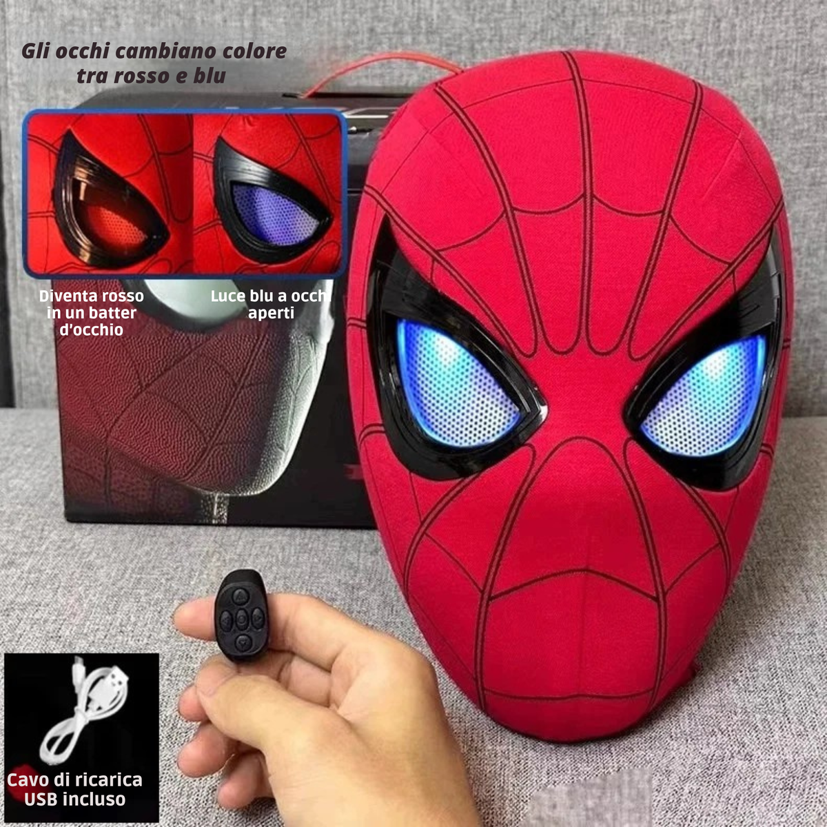 Maschera Spider-Man Elettronica Occhi Mobili Telecomando Cosplay LED Regalo